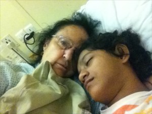 Holding her in the night, making sure she didn't rip out the IV.